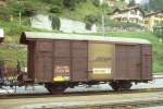 RhB - Gbk-v 5538 am 28.08.1996 in Bergn - Gedeckter Gterwagen 2-achsig mit 1 offenen Plattform - Baujahr 1913 - Reich - Gewicht 7,76t - Zuladung 12,00t - LP 8,49m - zulssige Geschwindigkeit