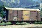 RhB - Gb 5813 am 11.05.1994 in Landquart - Gedeckter Gterwagen 2-achsig mit 1 offenen Plattform - Baujahr 1914 - SIG - Gewicht 7,18t - Zuladung 15,00t - LP 8,54m - zulssige Geschwindigkeit Aufkleber 70 km/h - 2=10.01.1985 - Lebenslauf: exBB K 225 - 1942 RhB K 5420 - 1965a - 1967 K 5813 - 1969 Gb 5813 - 12/1996 Abbruch.

