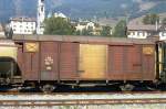 RhB - Gb 5043 am 24.09.1989 in Samedan - Gedeckter Gterwagen 2-achsig mit 1 offenen Plattform - Baujahr 1963 - JMR - Gewicht 7,64t - Ladegewicht 15,00t - LP 9,14m - zulssige Geschwindigkeit 65 km/h