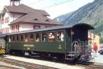 RhB - B 2247 II am 31.08.1996 in Pontresina - 2.Klasse Personenwagen - Baujahr 1928 - SIG/RhB - Fahrzeuggewicht 17,00t - Sitzpltze 72 - LP 16,55m - zulssige Geschwindigkeit 70 km/h - 3=06.06.1986 - Lebenslauf: ex ChA C4 54 - 1942 RhB C4 2248 - 1956 B4 2248 - 1954 B 2248 - 06.06.1986 B 2247 II - Hinweis: Historisches Fahrzeug.
