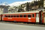 RhB - B 2263 am 31.03.1996 in St.Moritz - 2.Klasse Spitzenverkehrs-Personenwagen fr Stammnetz mit Drehgestellen lterer Wagen - bernahme: 26.02.1986 - FFA/RhB/SWP - Fahrzeuggewicht 18,00t -