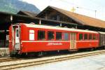 RhB - B 2327 am 06.06.1993 in Disentis - 2.Klasse Personenwagen - Mitteleinstiegswagen mittelschwerer Stahlbauart - bernahme 11.05.1948 - SWS - Fahrzeuggewicht 21,00t - Sitzpltze 64 - LP 17,63m - zulssige Geschwindigkeit 90 km/h - Logo RhB in italienisch - 3=11.05.1984 2=10.04.1990 - Hinweis: Klassezahlen klein, flacher Anschriftenblock, schlanke Betriebsnummern - die Fahrzeugserie bestand aus 13 Wagen mit den Nummern 2321 bis 2333. 
