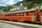 RhB - B 2356 am 01.06.1993 in Disentis - 2.Klasse Einheitspersonenwagen (Typ 1) - bernahme 31.05.1966 - FFA/SIG/RhB - Fahrzeuggewicht 18,00t - Sitzpltze 64 - LP 18,42m - zulssige Geschwindigkeit 90 km/h - 3=23.06.1992 - Logo RhB in rtoromanisch - Hinweis: hoher Anschriftenblock, schlanke Betriebsnummern, mit Griffstangen neben den Tren - ohne Kennzeichnung an den Ecken - die Fahrzeugserie besteht aus 33 Wagen mit den Nummern 2341 bis 2373. 
