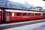 RhB - A 1240 am 31.05.1992 in St.Moritz - 1.Klasse Einheitspersonenwagen Typ I - bernahme 30.11.1965 - FFA/SIG - Fahrzeuggewicht 18,00t - Sitzpltze 36 - LP 18,42m - zulssige Geschwindigkeit 90