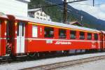 RhB - A 1254 am 29.08.1998 in Disentis - 1.Klasse verkrzter Einheitspersonenwagen Typ I - bernahme 10.05.1968 - FFA/SIG - Fahrzeuggewicht 15,50t - Sitzpltze 36, Stehpltze 30 - LP 16,97m -