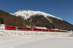 RhB, ABe 4/16, 3125 auf der Strecke Scuol-Samedan-Pontresina zwischen Bever und Samedan am 14.01.25.