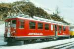 RhB - ABe 4/4 II 47 am 01.03.1997 in Alp Grm - Gleichstromtriebwagen Bernina - Baujahr 1972 - SWS/BBC/MFO/SAAS - 680 KW - Gewicht 41,00t - 1./2.Klasse Sitzpltze 12/24 - LP 16,54m - zulssige Geschwindigkeit 55 km/h - 3=07.06.1985 1=07.05.1991 - Logo RhB in deutsch. Hinweis: Die Triebfahrzeugserie besteht aus 9 Fahrzeugen mit den Nummern 41 bis 49, gescanntes Dia
