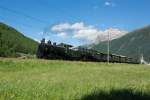 G 4/5 107 und G 4/5 108 sind soeben ins Val Bever eingebogen (Bever, 21.06.2014).