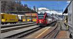 R1937 mit neuem Steuerwagen Bt52802 trifft in Pontresina ein. Der Rottenwagen Xk9350 Grottino ist hier abgestellt.  (17.04.2019)