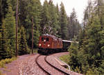 Das RhB Duo Ge 4/6 353 und eine nicht erkennbaren Ge 2/4 mit einem Sonderzug auf der Strecke Klosters-Davos im Jahre 1987.
Foto: Walter Ruetsch