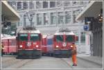 RE1423 mit Ge 4/4 II 613  Domat/Ems  und R1425 mit Ge 4/4 II 621  Felsberg  nach Arosa werden in Chur bereitgestellt.