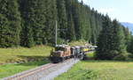 Schweiz: RhB Ge 6/6 1 414 Rhätisches Krokodil genannt der Rhätischen Bahn auf Notalgiefahrt in von Filisur in Davos Glaris, Mühle nach Davos Platz 29.08.2018