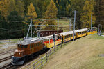 RhB: JUBILÄUM       20 JAHRE CLUB 1889  Das Bernina Krokodil Ge 4/4 82 mit dem Bellavista-Express unterwegs bei Pontresina am 15.