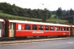 RhB - B 2368 am 31.08.1995 in Filisur - 2.Klasse Einheitspersonenwagen (Typ 1) - bernahme 15.06.1966 - FFA/SIG/RhB - Fahrzeuggewicht 18,00t - Sitzpltze 64 - LP 18,42m - zulssige Geschwindigkeit 90 km/h - 2=10.10.1989 - Logo RhB in deutsch - Hinweis: kleine Klassezahlen, hoher Anschriftenblock, schlanke Betriebsnummern, Griffstangen neben den Tren, ohne Kennzeichnung an den Ecken - die Fahrzeugserie besteht aus 33 Wagen mit den Nummern 2341 bis 2373. 
