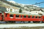 RhB - A 1212 II am 02.03.1997 in Scuol - 1.Klasse Personenwagen Schwere Stahlbauart - bernahme 06.06.1931 - SWS - Fahrzeuggewicht 23,00t - Sitzpltze 33 - LP 16,44m - zulssige Geschwindigkeit 80 km/h - 3=09.03.1988 2=11.02.1994 - Logo RhB in deutsch - Lebenslauf: ex AB4 210 - 1956 A4 1210 - 1964 A 1210 - 09.03.1988 A 1212 II - 04/2003 Abbruch. Hinweis: gescanntes Dia
