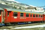 RhB - A 1215 am 02.03.1997 in Scuol - 1.Klasse Personenwagen Schwere Stahlbauart - bernahme 16.01.1931 - SWS - Fahrzeuggewicht 23,00t - Sitzpltze 33 - LP 16,44m - zulssige Geschwindigkeit 80 km/h - 3=15.01.1988 2=01.12.1992 - Logo RhB in rhtoromanisch - Lebenslauf: ex ABC4 615 - 1956 AB4 1615 - 1964 AB 1615 - 1977 B 1615 - 15.01.1988 A 1215 - 10/1998 WS 3903 Ausstellungswagen. Hinweis: gescanntes Dia
