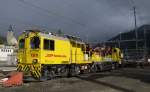 Fahrleitungsturmwagen RhB Xmf 6/8 92020 abgestellt im Bahnhof Klosters Platz am 14.05.2014.