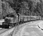 SBB Historic  Krokodil  Be 6/8 III Nr. 13302 und SBB Historic Be 4/6 Nr. 12320  Rehbock  verkehren mit einem historischen Extrazug am Mittag des 7. Oktober 2017 bei der Herbstausfahrt unter blauem Himmel zwischen Schmerikon und Bollingen.