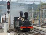 SBB Historic - Zur Feier von 150 Jahre Eisenbahn am Jurabogen ist die Dampflok Ec 2/5 28 und D 1/3 1 Limmat vor einem Extrazug von Biel nach Lyss am 26.09.2010
