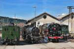 Vor der Remise Brugg präsentiert sich der Dampftriebwagen CZm 1/2 31 , die Dampflok B 3/4 1367 ,SNCF 141.R.1244 Mikado  und die Ae 4/7 10987.Bild vom 31.5.2015