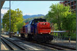 Nach der Bedienung eines Anschlussgleises rollt Am 843 066-2 der SBB Cargo am 27.04.2022 durch den Bahnhof Horw Richtung Luzern.