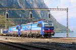 Siemens Vectron 193 535 zieht einen Güterzug in Doppeltraktion südwärts Richtung Italien. Melide, 22.04.2021