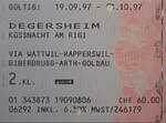 Fahrkarte von 1997 zwischen Degersheim (damals noch -bis 2000- Bodensee-Toggenburg-Bahn BT) und Küssnacht am Rigi (ab wo zum 150 Jahr Jubiläum der Schweizer Bahnen Dampfzüge nach Luzern