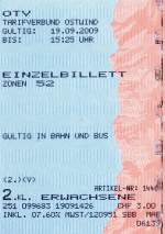 STEIN am Rhein (Kanton Schaffhausen), 19.09.2009, Einzelticket im Tarifverbund Ostwind für eine Fahrt von Stein am Rhein nach Mannenbach-Salenstein (Teilstück der Strecke von Schaffhausen