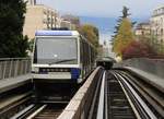 Ein Blick aus dem Führerstand, der voll automatisierten Lausanner Metro M-2, auf dem offenen Streckenabschnitt zwischen den Haltestellen Grancy und Délices. Die Nr. 251 aus Lausanne Ouchy am 29. Oktober 2017.