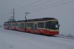 Im dichten Schneetreiben nähert sich am 27.12.2014 ein Zug der Forchbahn, bestehend aus dem Be 4/6 67 und dem Be 4/6 68, Neuhaus.