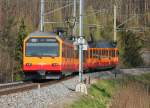 79-Promille-Rampe (siehe Tafel). Be 556 und Zwischenwagen der S10/Uetlibergbahn befahren gerade das steilste Teilstck dieser Normalspur-Adhsionsstrecke. Der Zug wird in wenigen Augenblicken die Endstation Uetliberg erreichen, 17. April 2010, 17:59