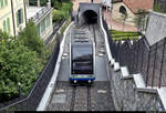 Wagen 2 der Trasporti Pubblici Luganesi SA (TPL), unterwegs als Standseilbahn Lugano–Bahnhof SBB (Funicolare Lugano Città–Stazione FFS) von Lugano Città (CH) nach Lugano Stazione