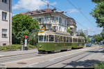 Betriebstag BERNMOBIL historique am 23. Juni 2019.<br>
Standardwagen Be 4/4 621 und Anhänger B 337 an der Haltestelle Beaumont unterwegs Richtung Wabern.