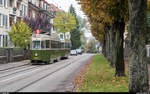 Stiftung BERNMOBIL historique Standardtram Be 4/4 621 mit B 337 am 20. Oktober 2019 auf seiner alten Stammlinie 5 in der Pestalozzistrasse.