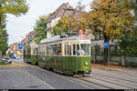 Stiftung BERNMOBIL historique Standardtram Be 4/4 621 mit B 337 am 20. Oktober 2019 auf seiner alten Stammlinie 5 in der Pestalozzistrasse.