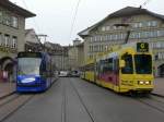 * S`Blaue Bhnli nach Worb *  Bern mobil + RBS - Combino Triebwagen Be 4/6 760 mit Vollwerbung zusammen mit dem Triebwagen Be 4/8 89 mit Vollwerbung in Bern am 03.01.2008