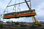 BLT Tw 108 bei der Verladung auf die SBB an der Wagenhalle Dreispitz. 05.01.2016.