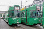 Die beiden Be 4/6S 664 und 668 warten auf dem Hof des Depots Dreispitz auf den Verlad nach Sofia. Die Aufnahme stammt vom 26.04.2017.