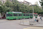 Basel BVB Tramlinie 1 (SWP/SIG/ABB/Siemens Be 4/6 665 + FFA/SWP B 1466) Riehenring / Messeplatz am 7. Juli 1990. - Scan eines Farbnegativs. Film: Kodak Gold 200. Kamera: Minolta XG-1.