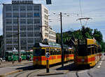Baseler Straßenbahn mit Schweizer Standardwagen und zwei Motorwagen der Baselland Transport (BLT), Station unbekannt (Basel)