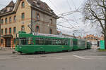 Doppeltraktion, mit den Be 4/4 496 und 497 zusammen mit dem B4S 1449, auf der Linie 21, verlässt am 01.12.2025 das Depot Wiesenplatz. Aufnahme Basel.