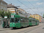 Dreiwagenzug, mit dem Be 4/4 502, dem B4S 1505 und dem B4 1461, auf der Linie 14, bedient am 06.06.2010 die Haltestelle Messeplatz. Aufnahme Basel.