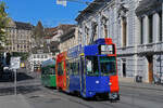 Be 4/4 490 FC Basel zusammen mit dem B4S 1464, auf der Linie 15, fährt am 07.04.2026 den Steinenberg hoch zur Haltestelle Bankverein. Aufnahme Basel.