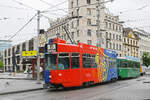 Be 4/4 490 FC Basel zusammen mit dem B4S 1464, auf der Linie 15, bedient am 18.05.2026 die Haltestelle am Aeschenplatz. Aufnahme Basel.