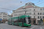 Be 4/6 Flexity 6001, auf der wegen einer Baustelle umgeleiteten Linie 3, f�hrt am 16.02.2026 zur Haltestelle am Bahnhof SBB. Aufnahme Basel.