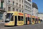 Be 4/6 Flexity 6001 mit der Werbung f�r Emmentaler K�se, auf der wegen einer Baustelle umgeleiteten Linie 3, f�hrt am 29.05.2026 zur Haltestelle am Bahnhof SBB. Aufnahme Basel.