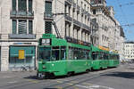 Doppeltraktion, mit den Be 4/4 498 und 478 zusammen mit dem B4S 1493, auf der Linie 2, f�hrt am 29.05.2026 zur Haltestelle Markthalle. Aufnahme Basel.