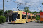 Be 4/6 Flexity 6001 mit der Werbung f�r Emmentaler K�se, auf der Linie 3, wartet am 01.06.2026 an der Endstation in Birsfelden.