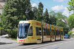 Be 4/6 Flexity 6001 mit der Werbung f�r Emmentaler K�se, auf der wegen einer Baustelle umgeleiteten Linie 3, f�hrt am zur Haltestelle ZOO Bachletten. Aufnahme Basel.