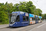 Be 4/6 Flexity 6011 mit der Werbung f�r die Konfit�re von Zuegg, auf der Linie 3, bedient am 11.05.2026 die Haltestelle St.